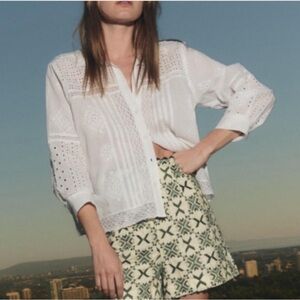 Zara The Donna Blouse White Embroidered Eyelet Lace Trim Top size XL NWT